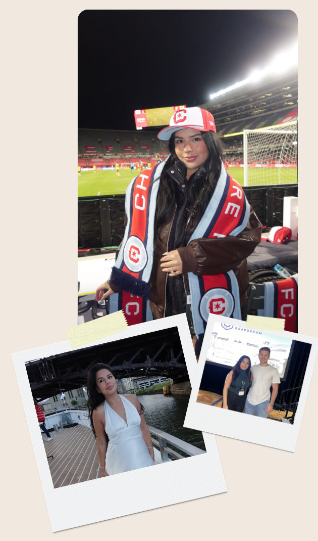 A collage of Michelle at a Chicago soccer match, by the water, and with her partner